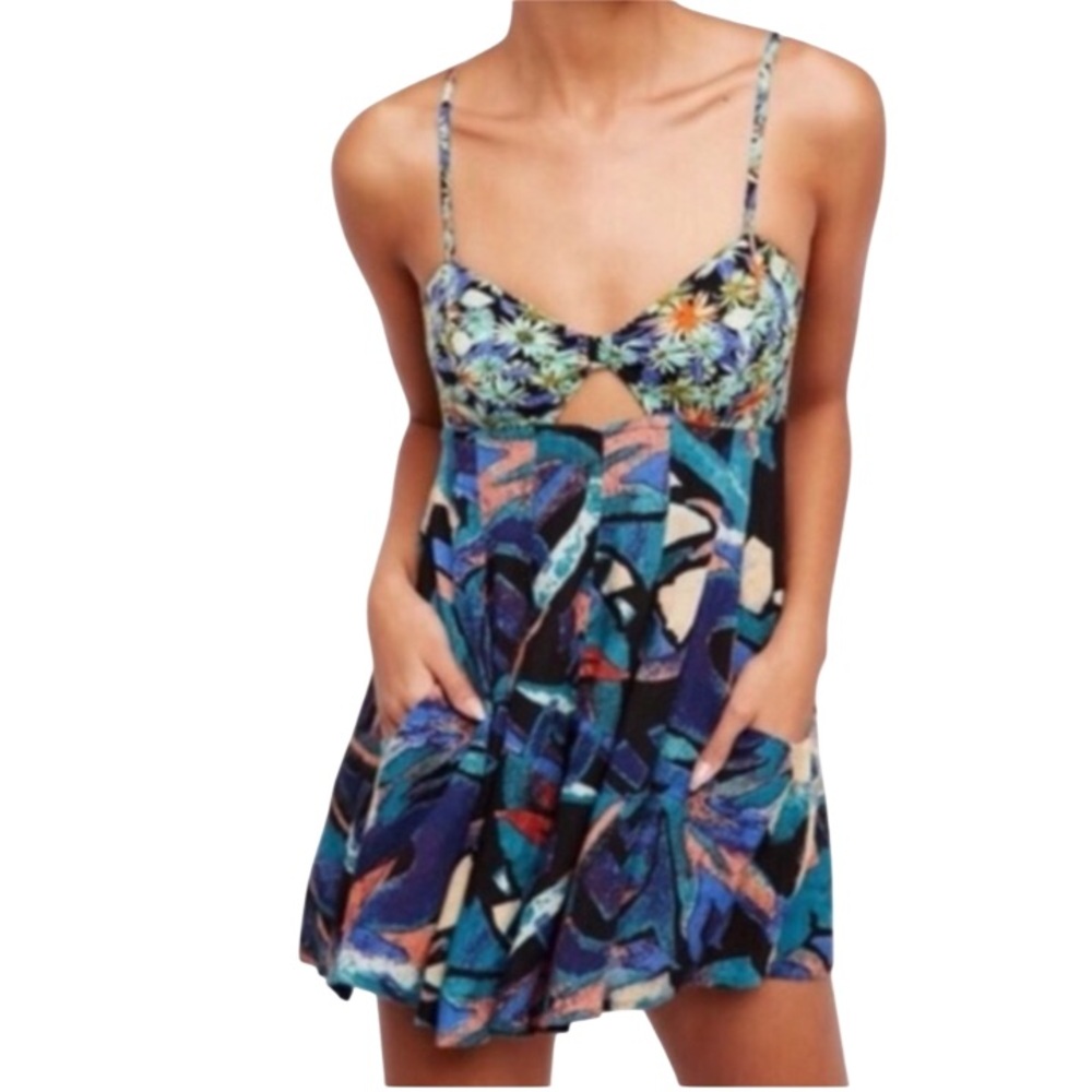 Free People Floral Cut Out Romper in Mint Green/Blue Orange Size XS
